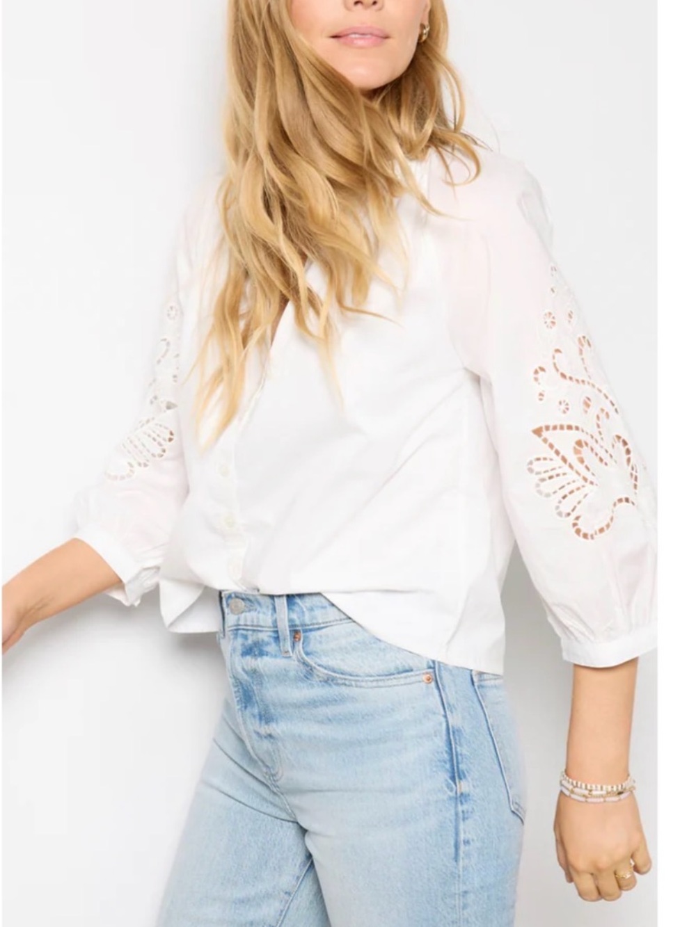 Women’s White Eyelet Sleeve Button-Front Blouse
